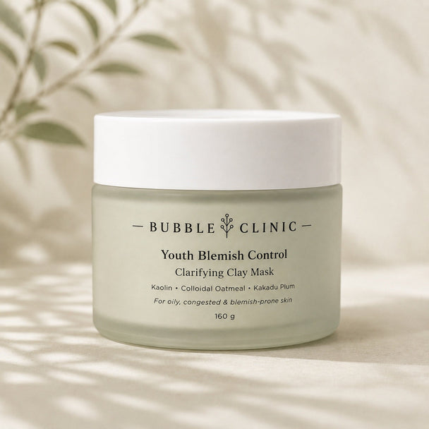 Youth Blemish Control Clarifying Clay Mask for oily and congested skin in a 160 g frosted glass jar