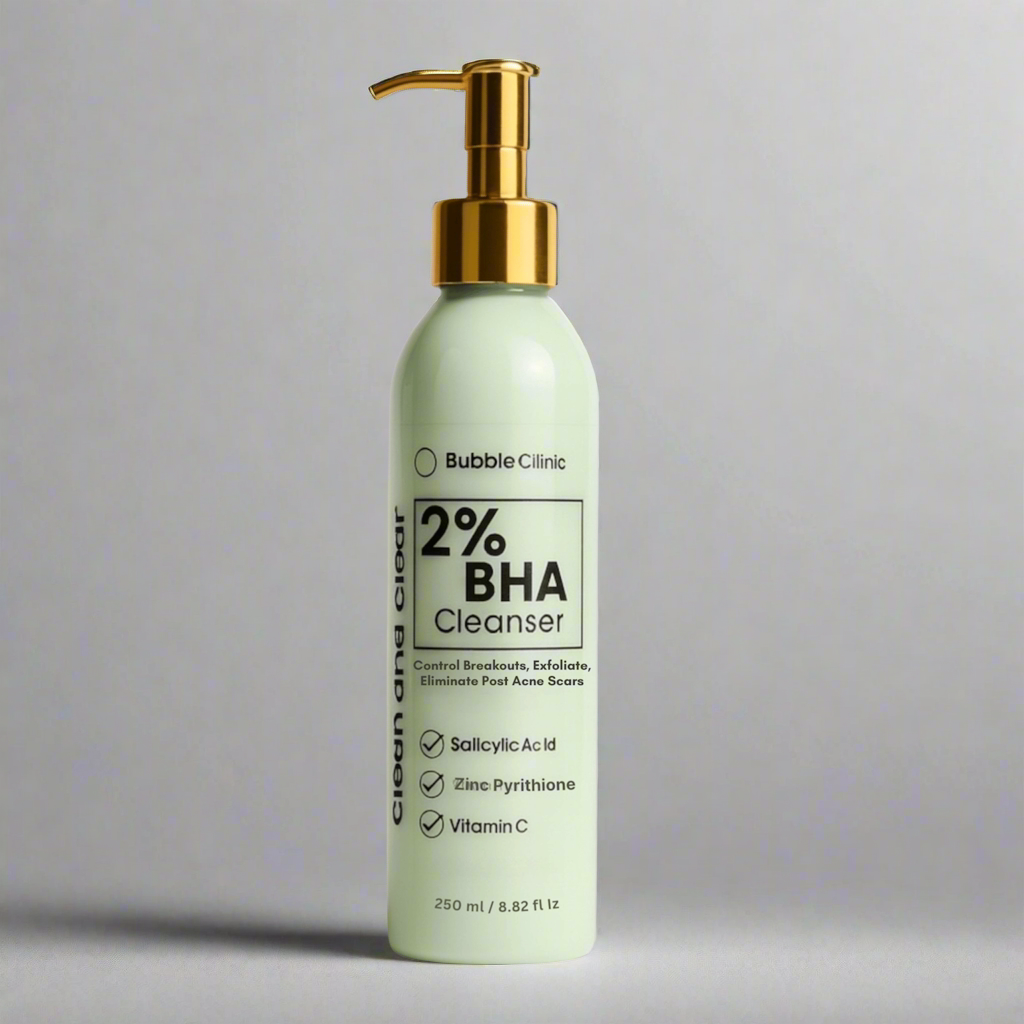 Bottle of Bubble Clinic 2% BHA Cleanser with a gold pump on a gray background representing best australian acne cleansers.