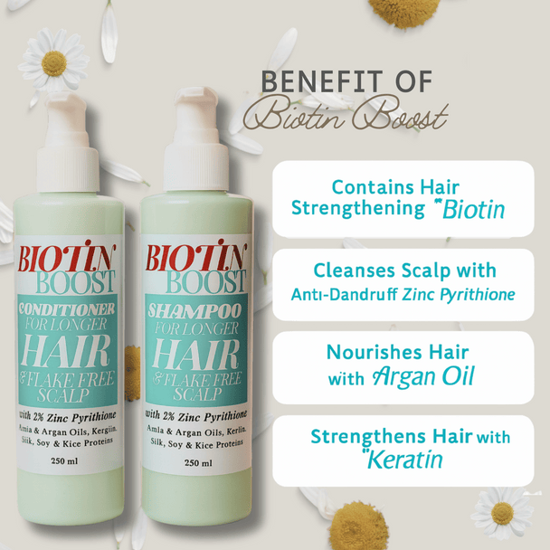 Biotin Boost shampoo and conditioner bottles with benefits listed on a light background.