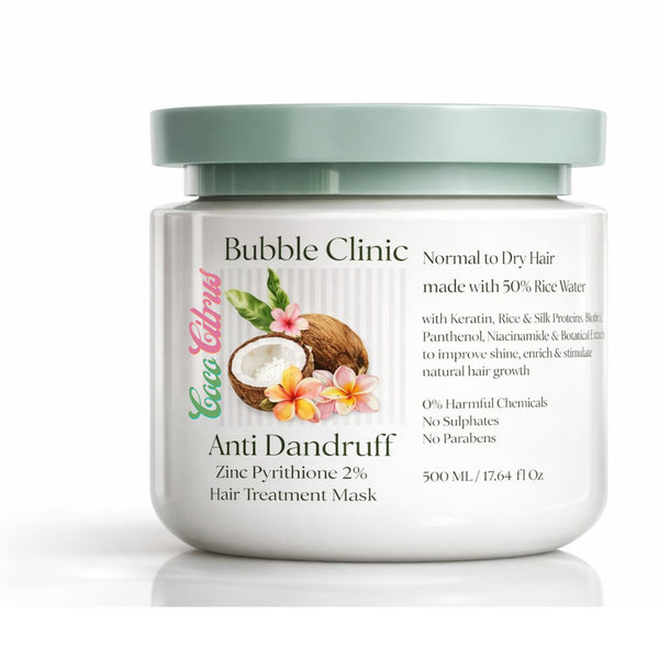 Bubble Clinic Flake Control Scalp Conditioning Mask jar with zinc pyrithione, keratin, biotin and fermented rice water.